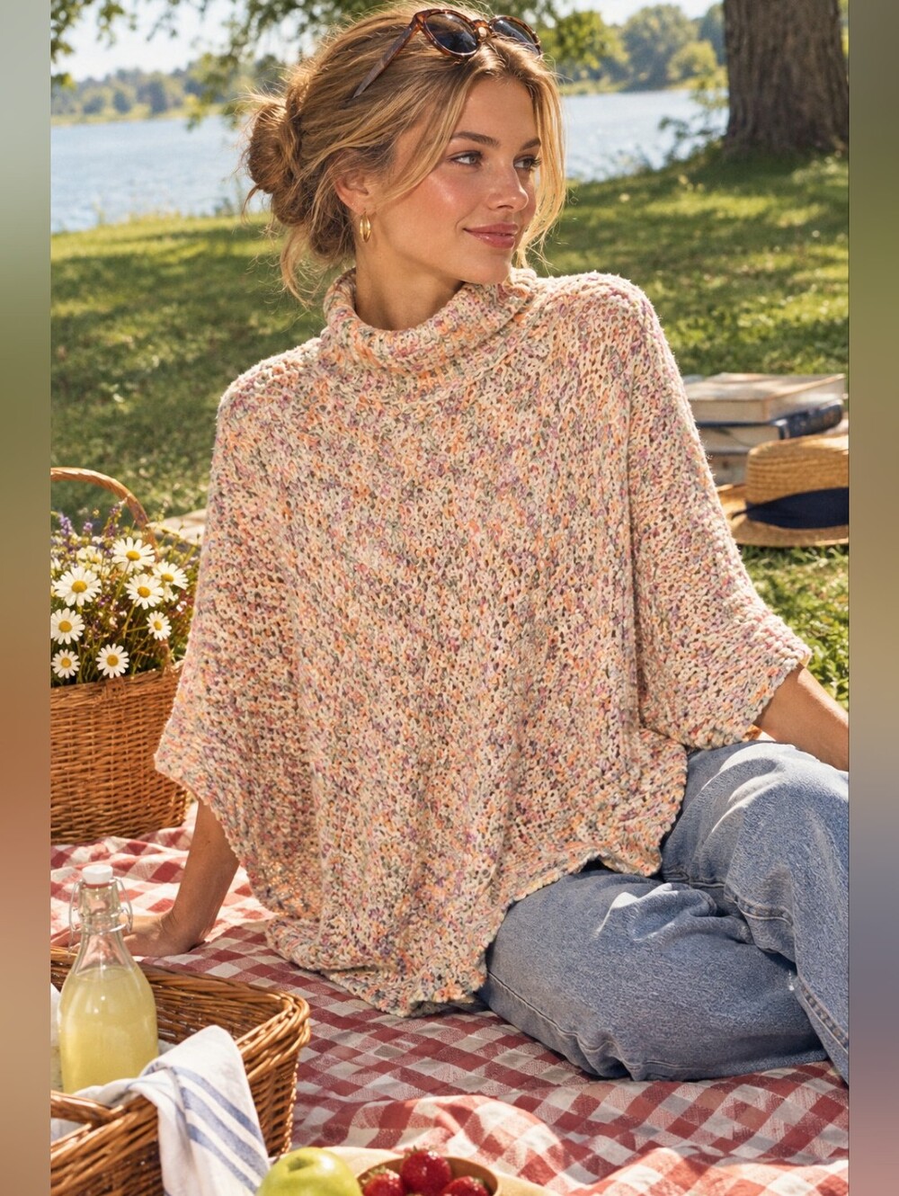 Anthropologie Knit Poncho Mock Neck  Crochet Womens OSFA Autumn Cozy Pastel Lux